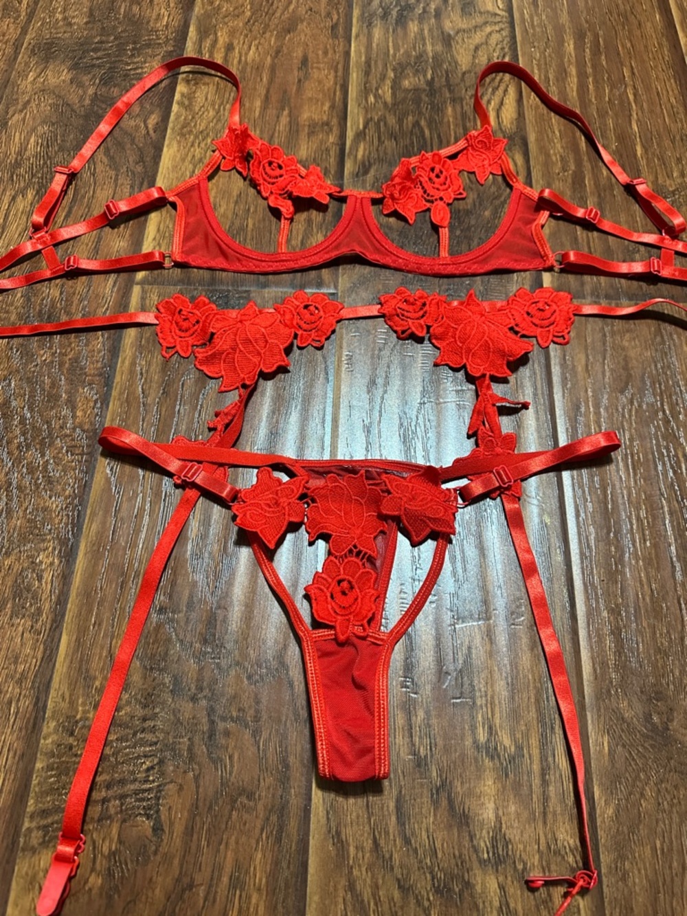 Red Floral Lace Strappy Lingerie Set